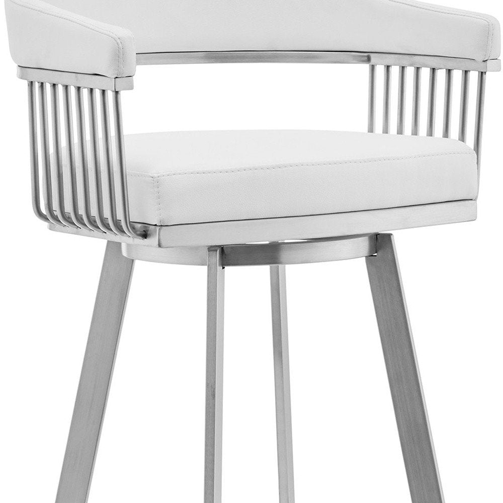 29" White And Silver Fabric And Iron Low Back Bar Height Swivel Bar Chair
