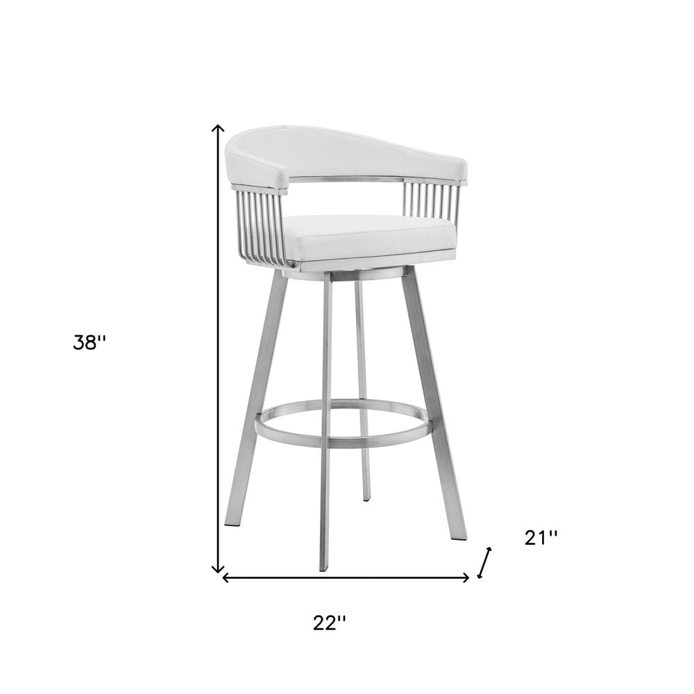 29" White And Silver Fabric And Iron Low Back Bar Height Swivel Bar Chair