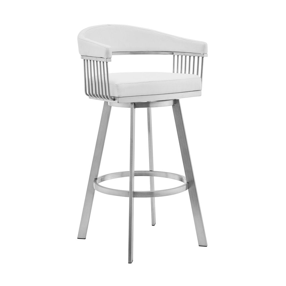 29" White And Silver Fabric And Iron Low Back Bar Height Swivel Bar Chair