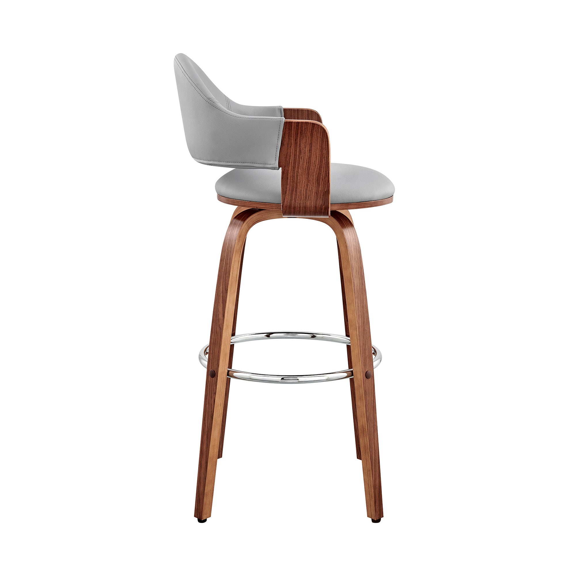 26" Gray And Brown Fabric And Wood Low Back Counter Height Swivel Bar Chair