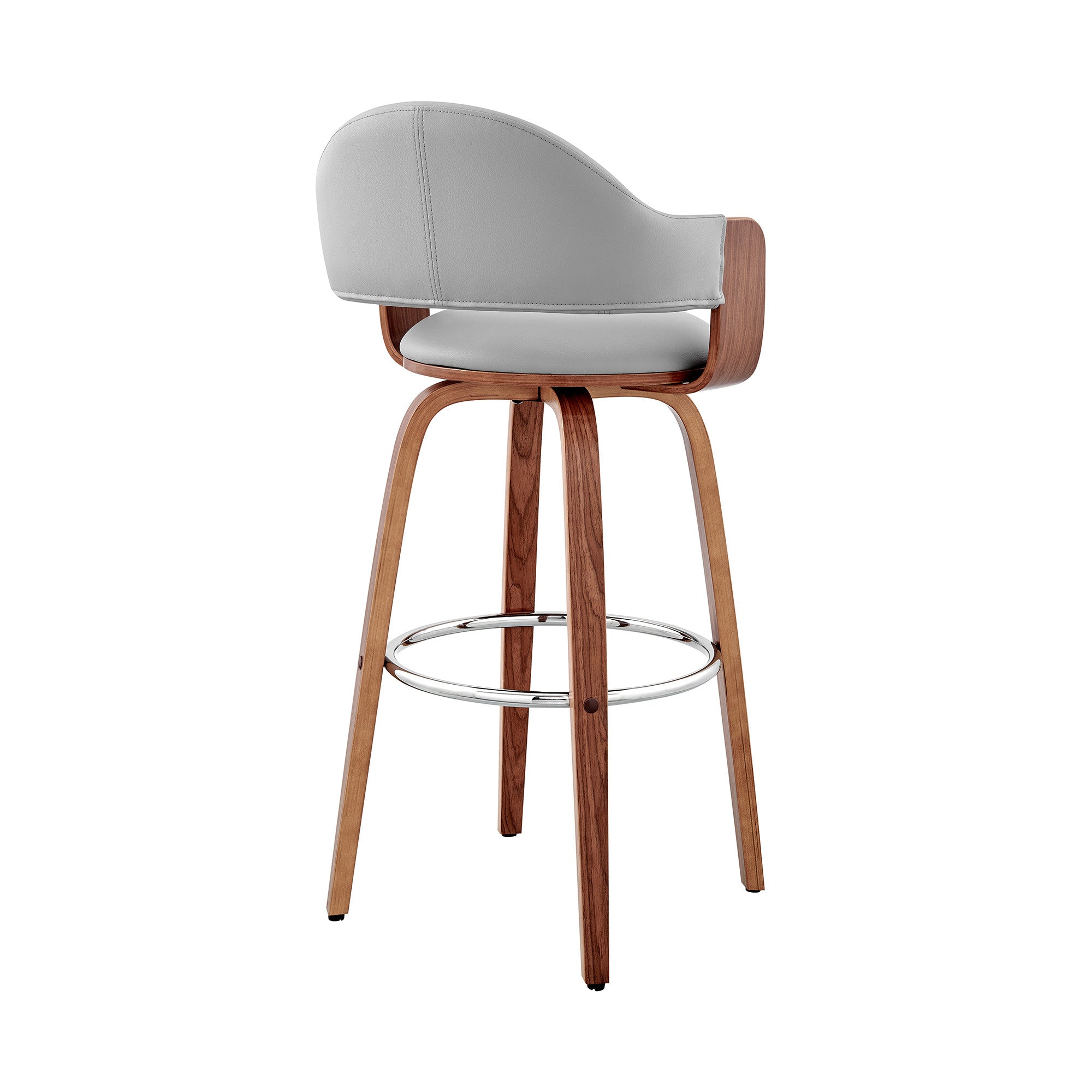 26" Gray And Brown Fabric And Wood Low Back Counter Height Swivel Bar Chair
