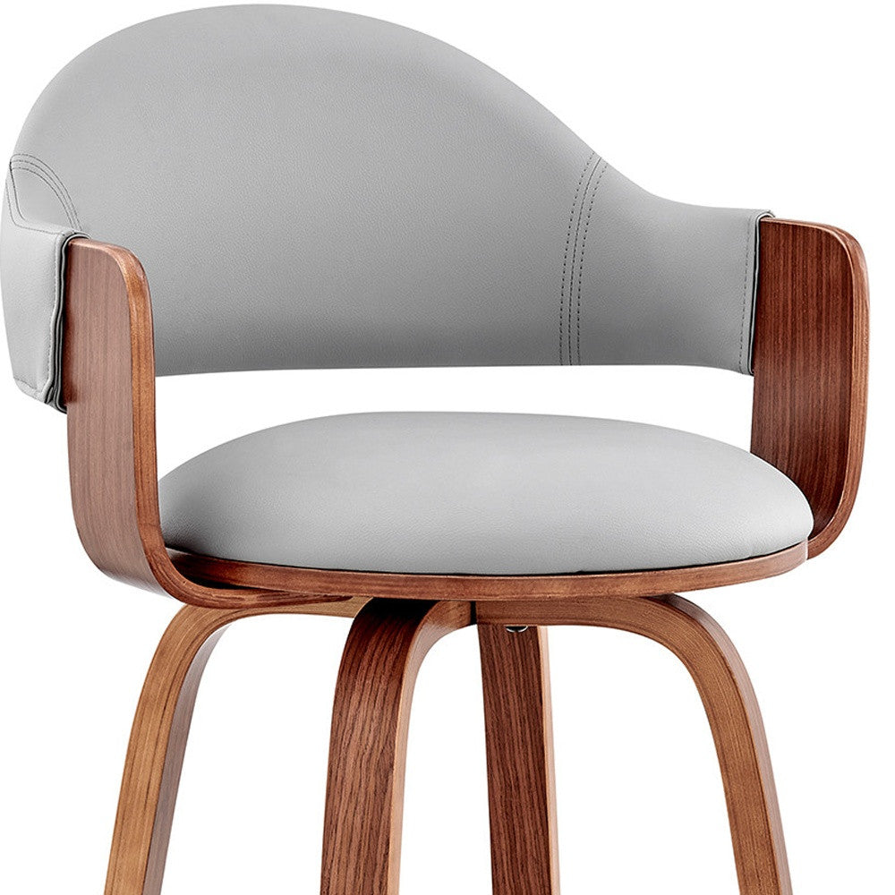 26" Gray And Brown Fabric And Wood Low Back Counter Height Swivel Bar Chair