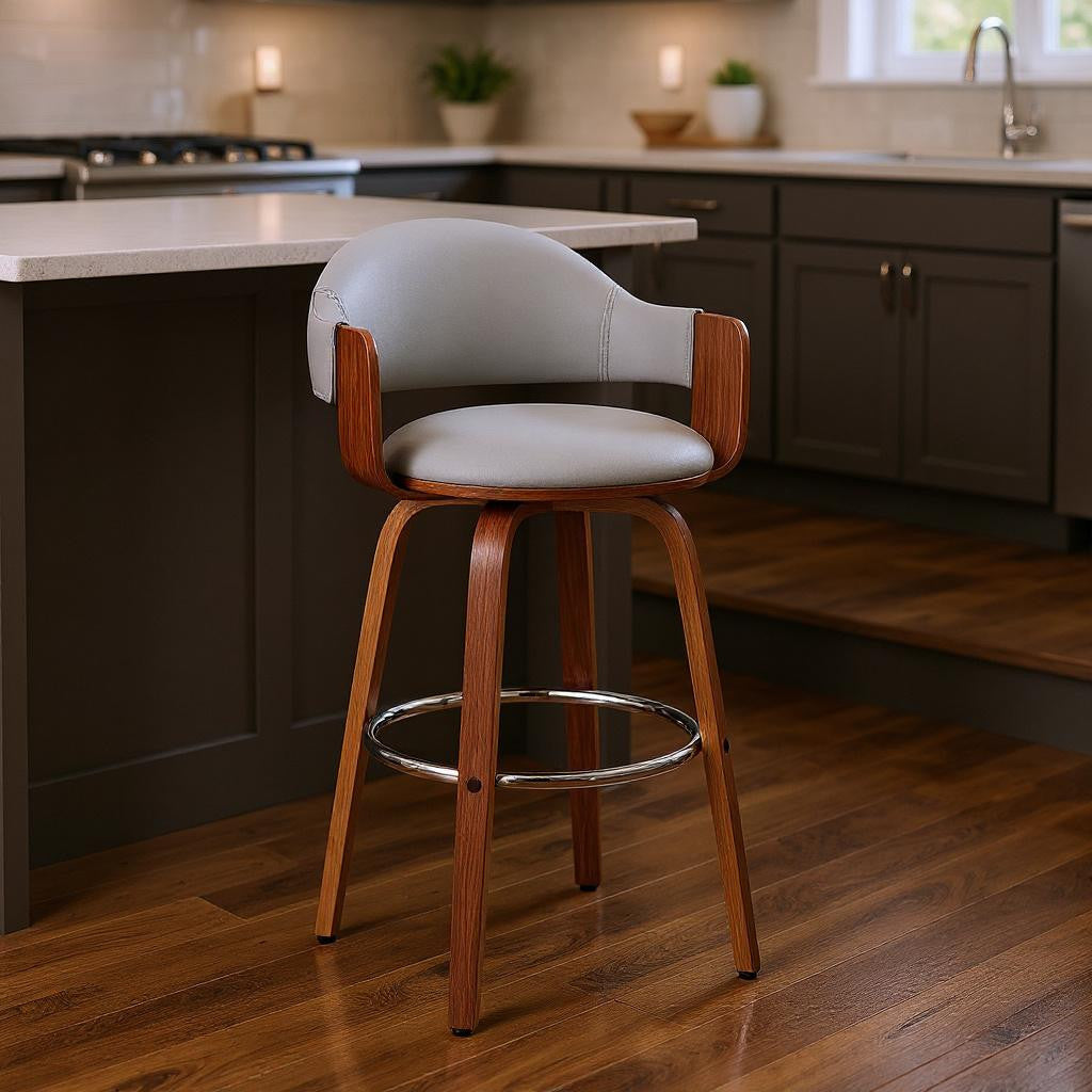 26" Gray And Brown Fabric And Wood Low Back Counter Height Swivel Bar Chair