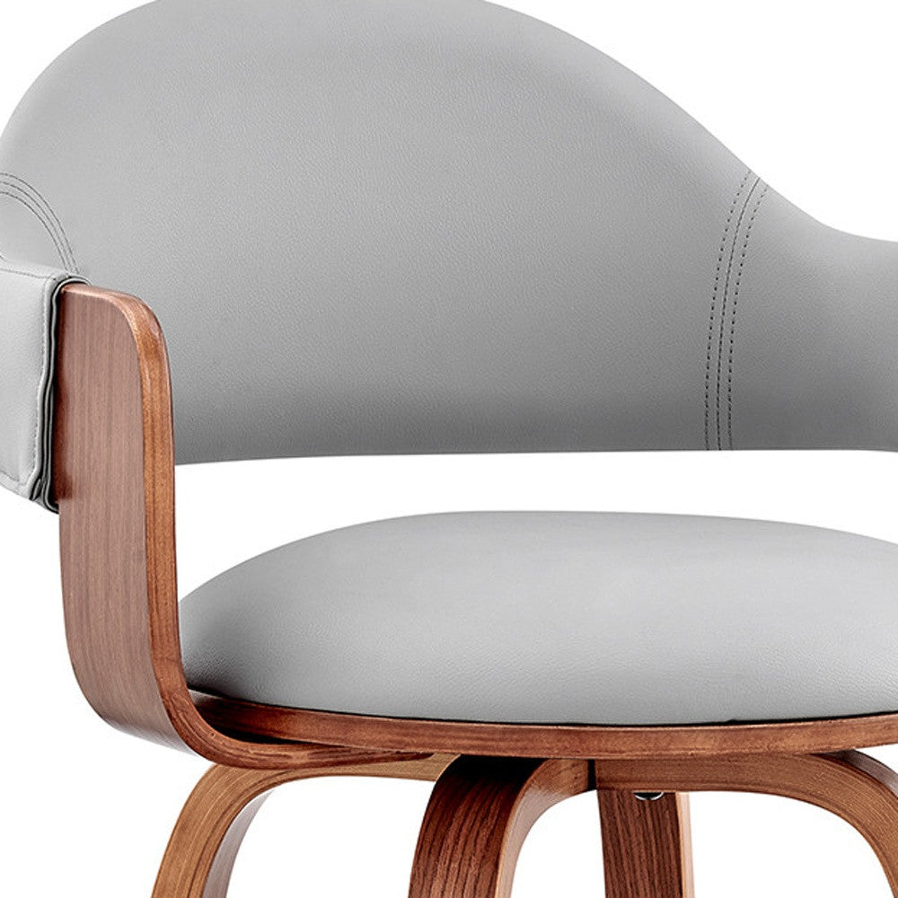 30" Gray And Brown Fabric And Wood Low Back Bar Height Swivel Bar Chair