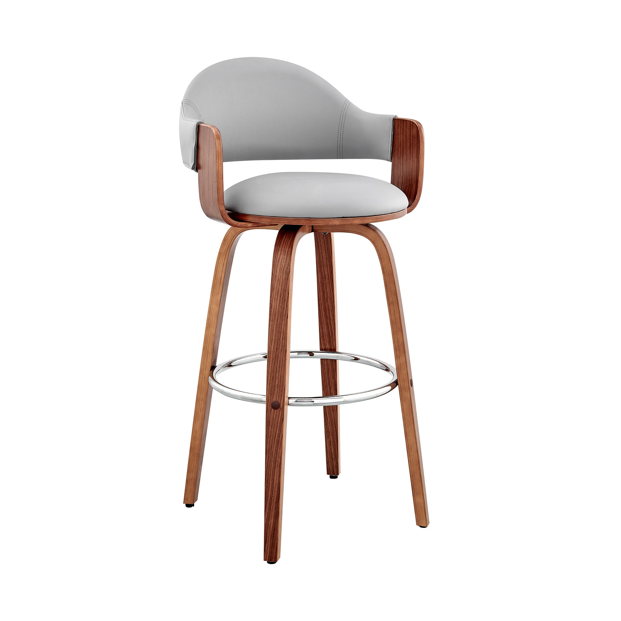30" Gray And Brown Fabric And Wood Low Back Bar Height Swivel Bar Chair