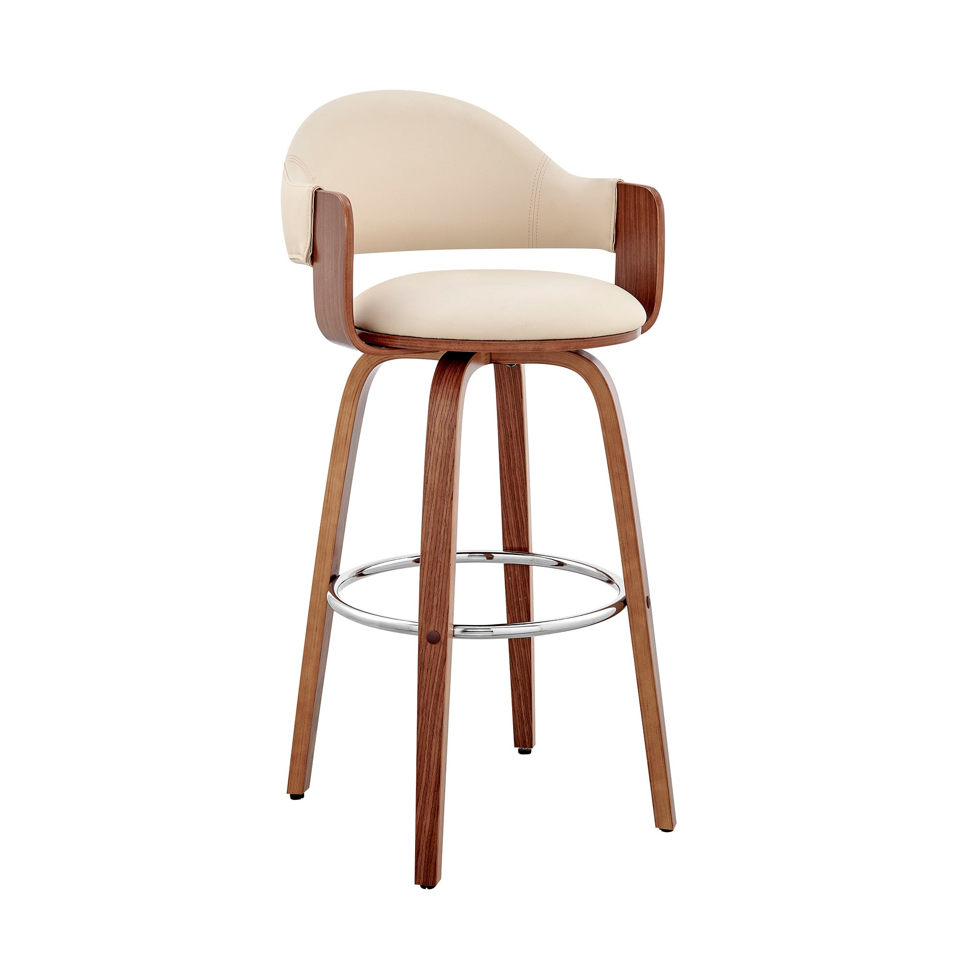 26" Cream And Brown Fabric And Wood Low Back Counter Height Swivel Bar Chair