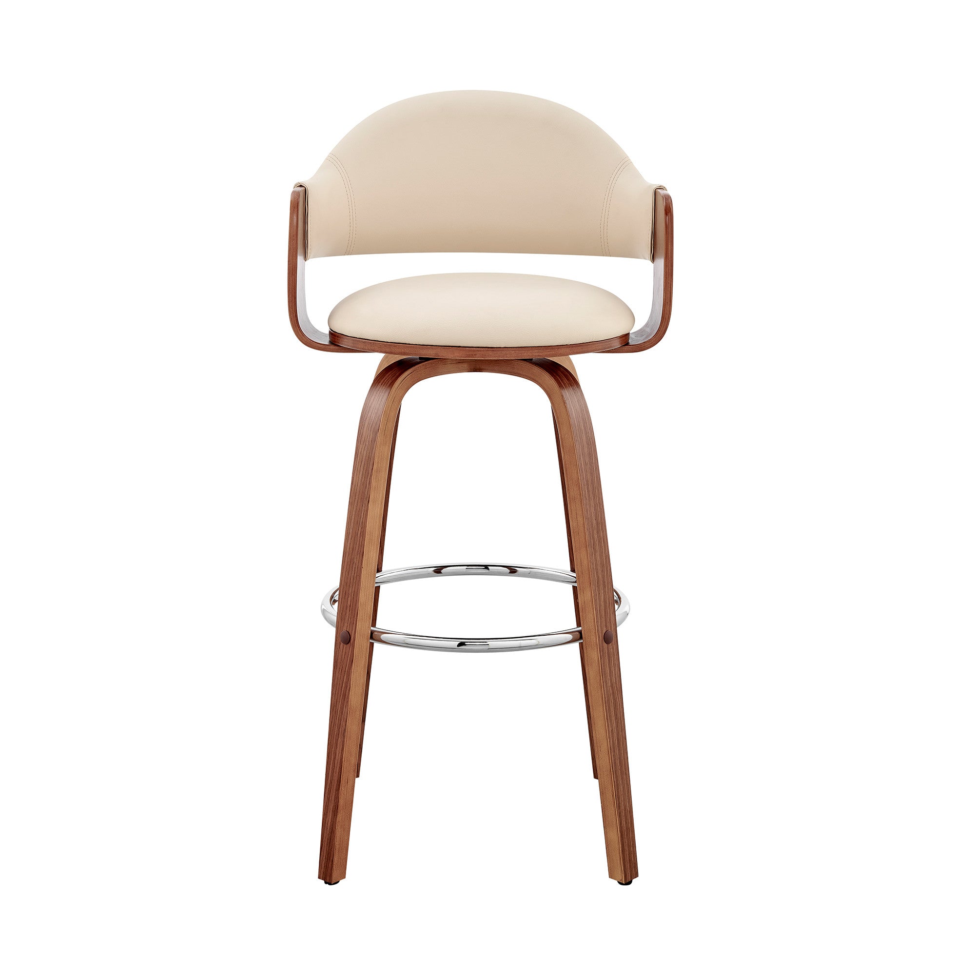 26" Cream And Brown Fabric And Wood Low Back Counter Height Swivel Bar Chair