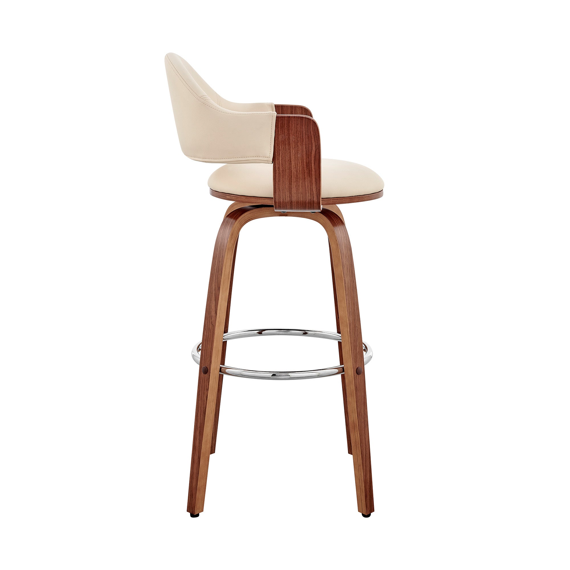 26" Cream And Brown Fabric And Wood Low Back Counter Height Swivel Bar Chair