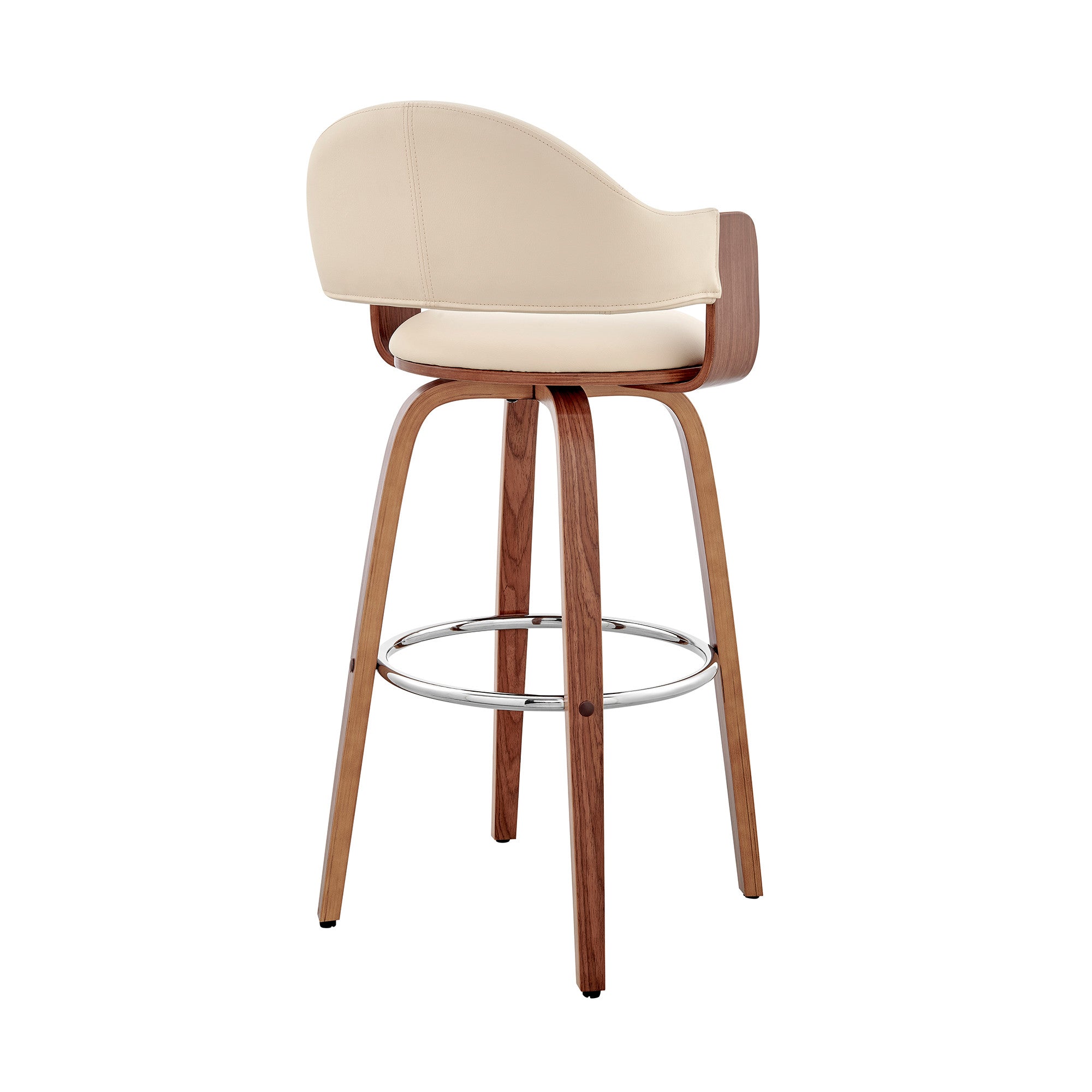 26" Cream And Brown Fabric And Wood Low Back Counter Height Swivel Bar Chair
