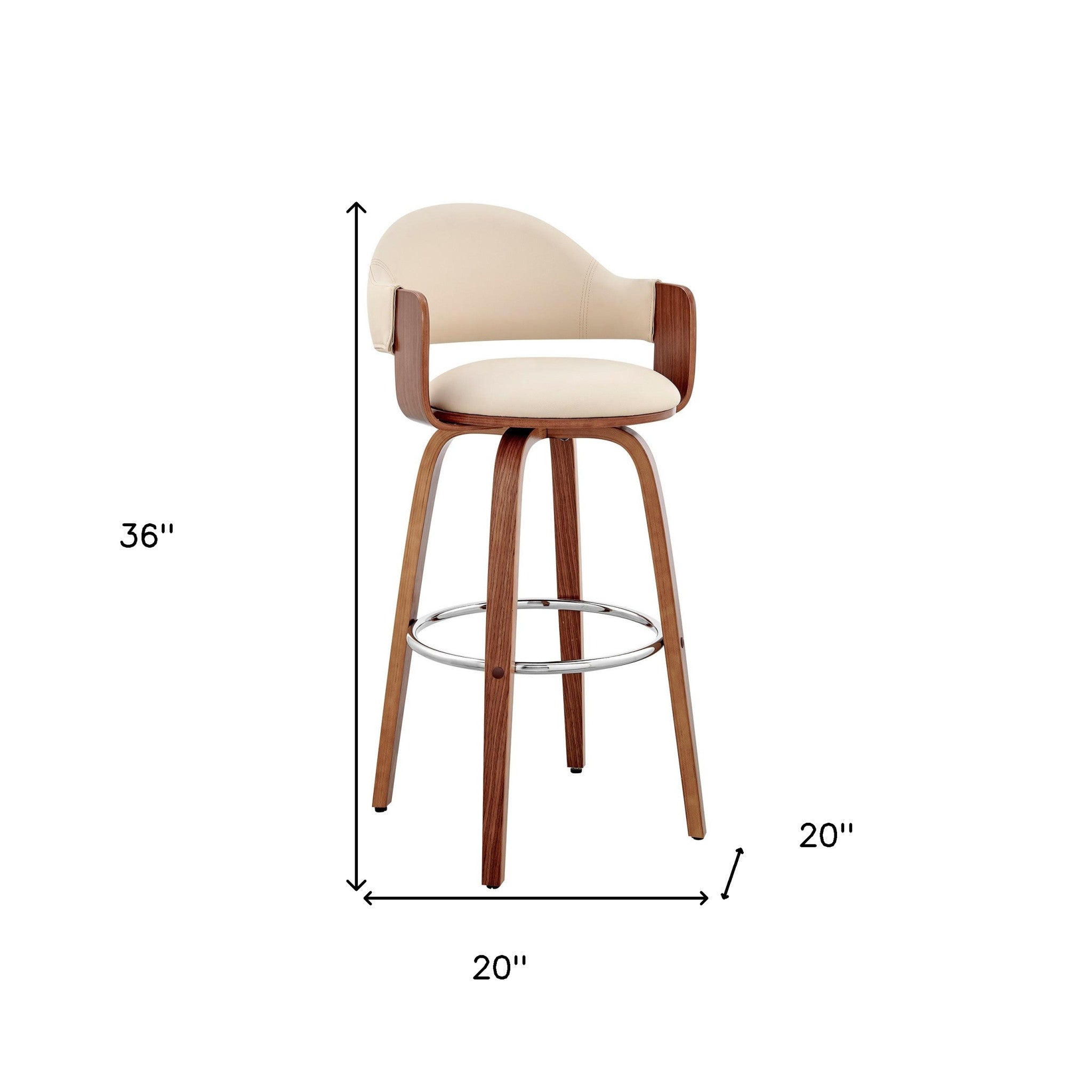 26" Cream And Brown Fabric And Wood Low Back Counter Height Swivel Bar Chair