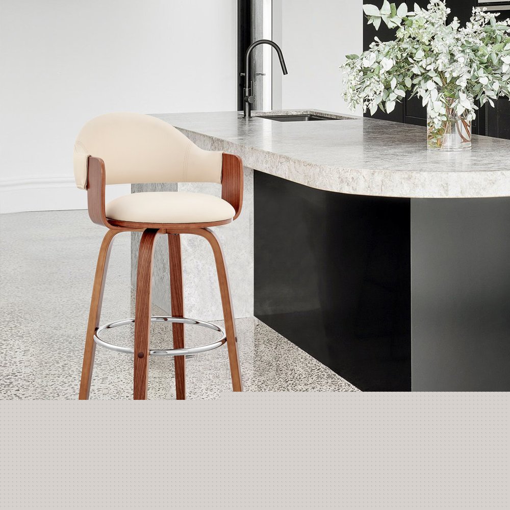 30" Cream and Brown Fabric Low Back Bar Height Swivel Bar Chair
