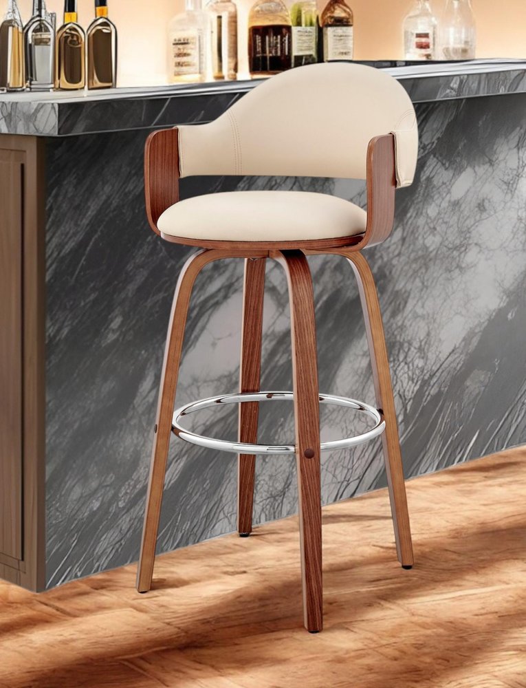 30" Cream and Brown Fabric Low Back Bar Height Swivel Bar Chair