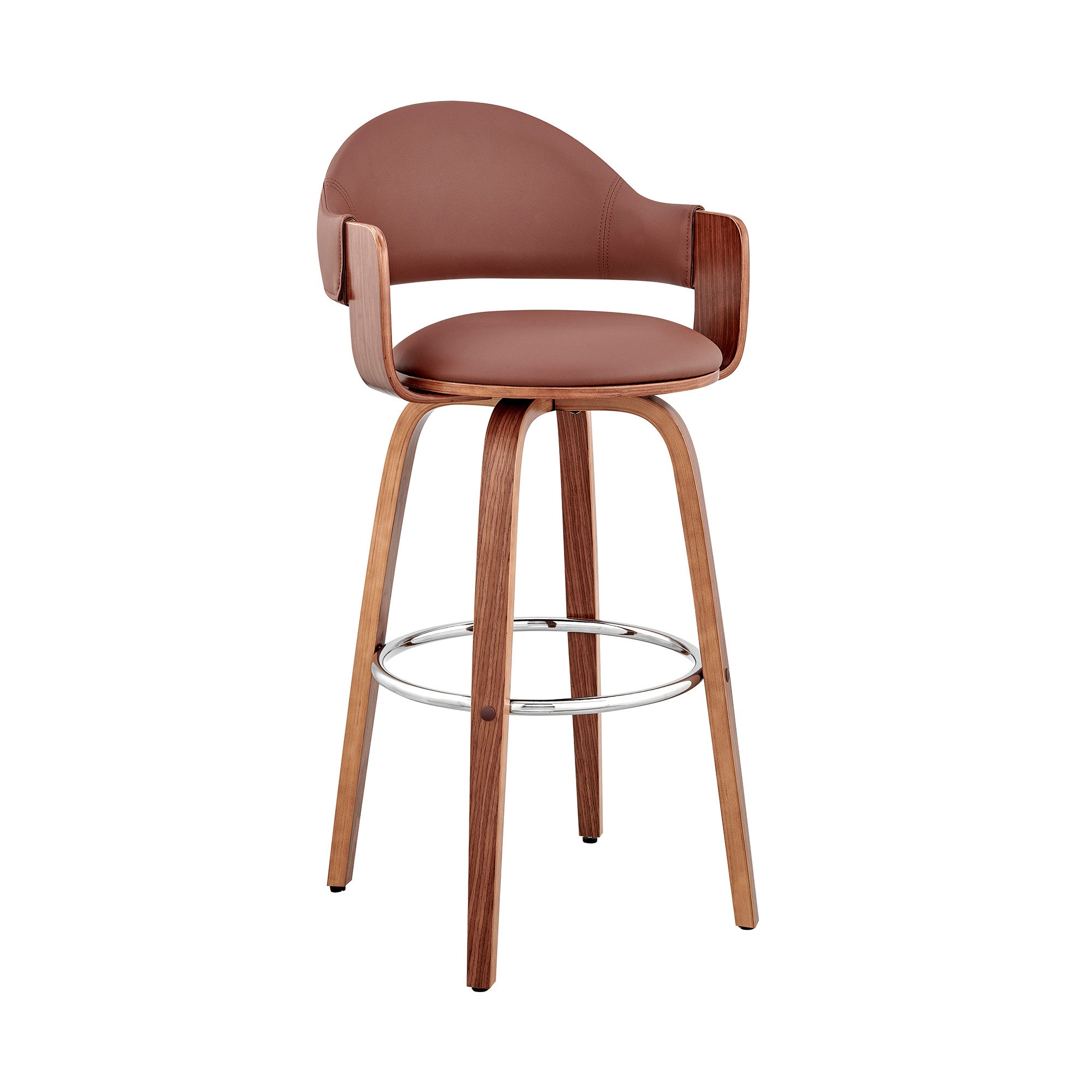 26" Brown Fabric And Wood Low Back Counter Height Swivel Bar Chair