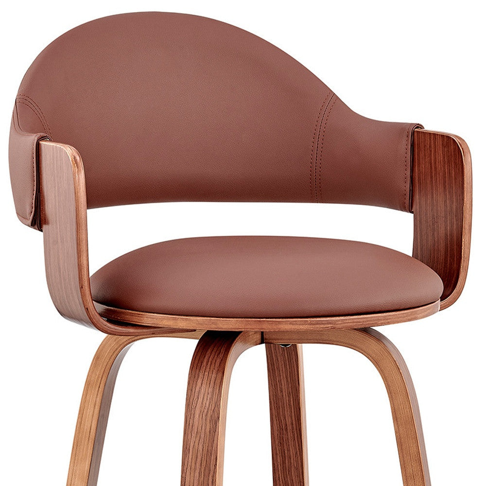 26" Brown Fabric And Wood Low Back Counter Height Swivel Bar Chair