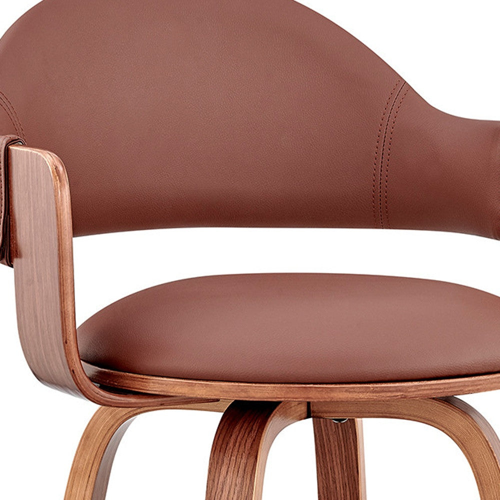 30" Brown Fabric And Wood Low Back Bar Height Swivel Bar Chair