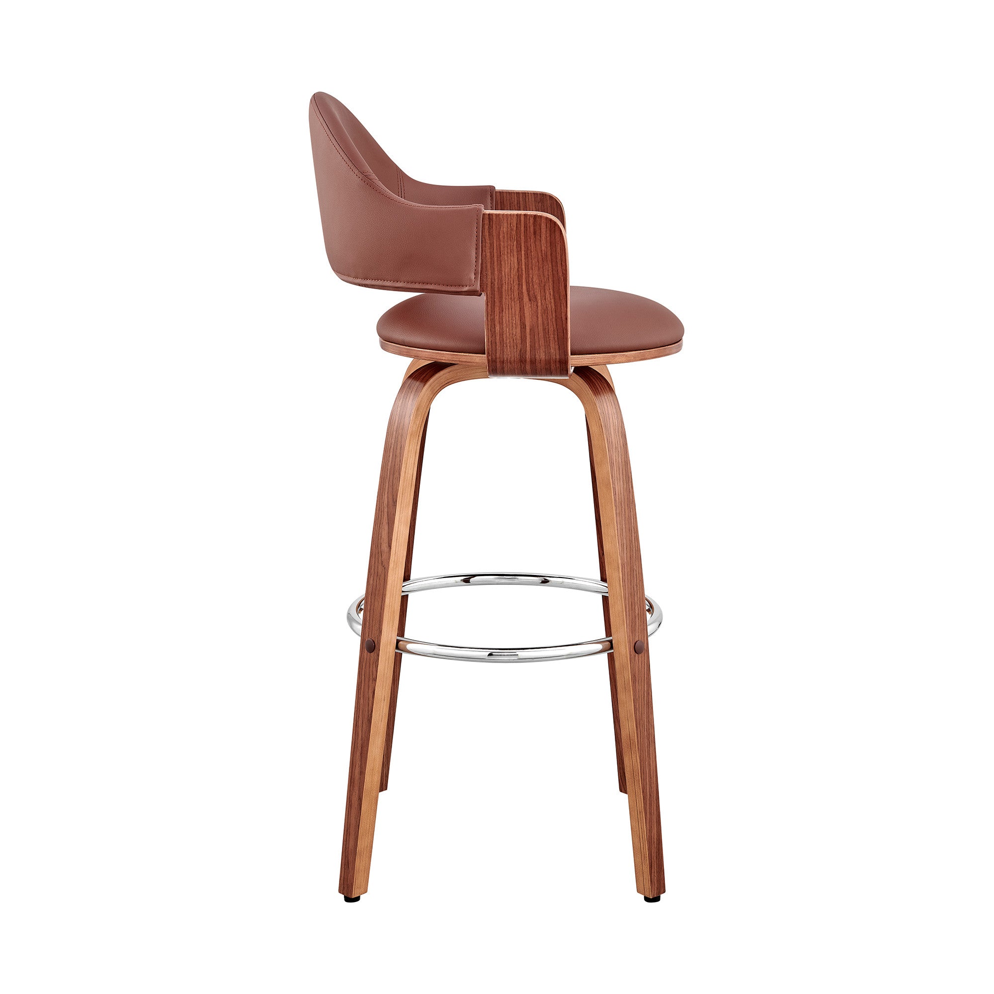 30" Brown Fabric And Wood Low Back Bar Height Swivel Bar Chair