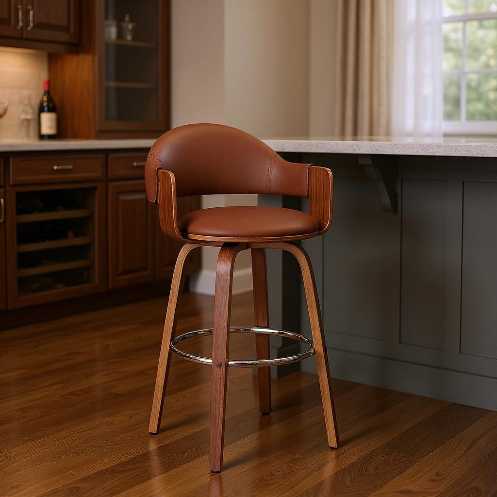 30" Brown Fabric And Wood Low Back Bar Height Swivel Bar Chair