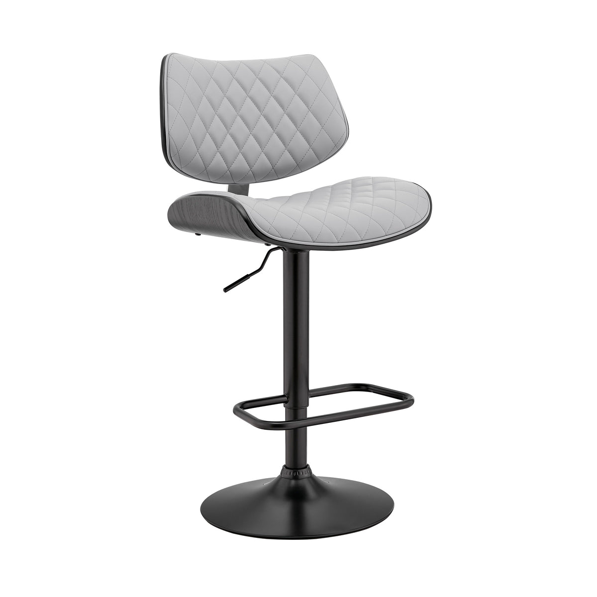 Gray And Black Faux Leather And Fabric And Iron Low Back Adjustable Height Swivel Bar Chair