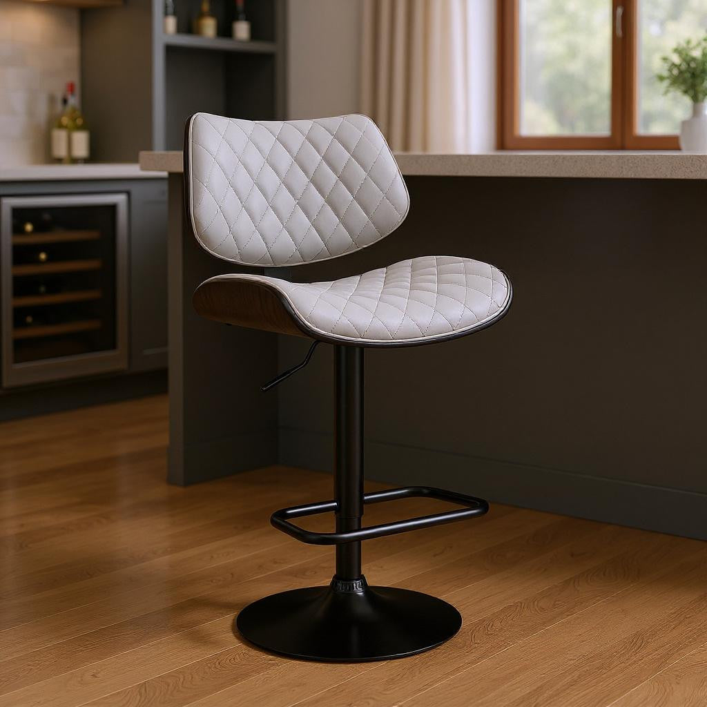 Gray And Black Faux Leather And Fabric And Iron Low Back Adjustable Height Swivel Bar Chair