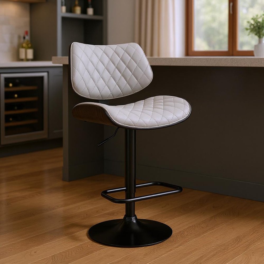 Gray And Black Faux Leather And Fabric And Iron Low Back Adjustable Height Swivel Bar Chair