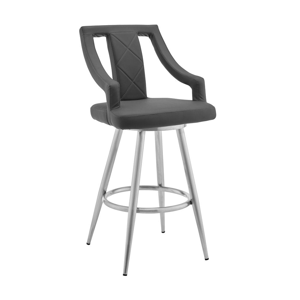 29" Gray And Silver Faux Leather And Fabric And Iron Bar Height Swivel Bar Chair