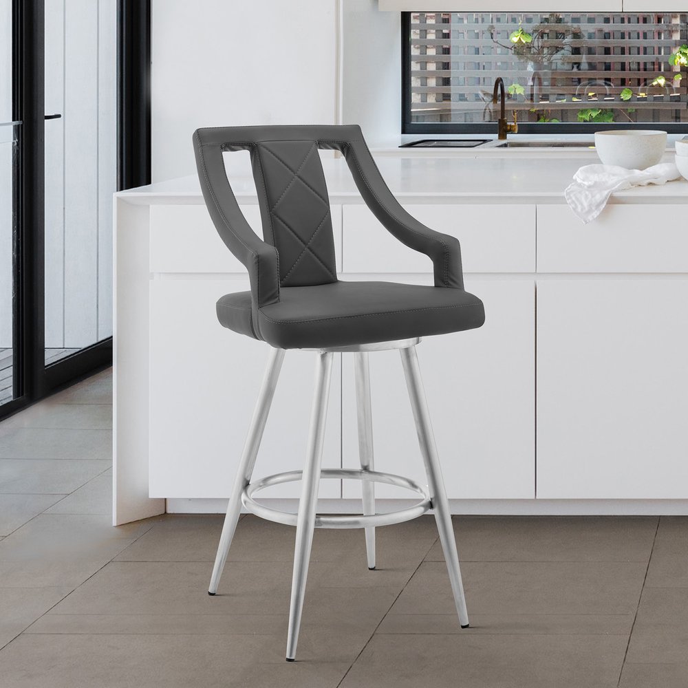 29" Gray And Silver Faux Leather And Fabric And Iron Bar Height Swivel Bar Chair