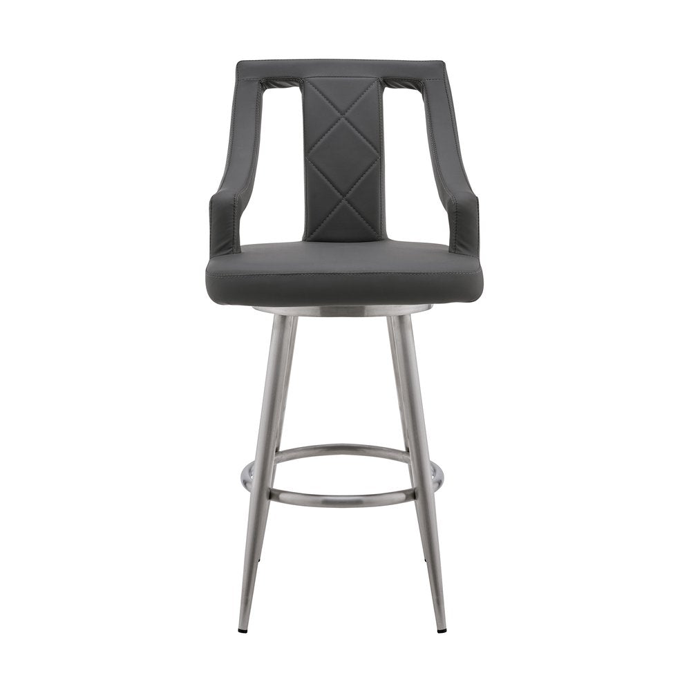 29" Gray And Silver Faux Leather And Fabric And Iron Bar Height Swivel Bar Chair