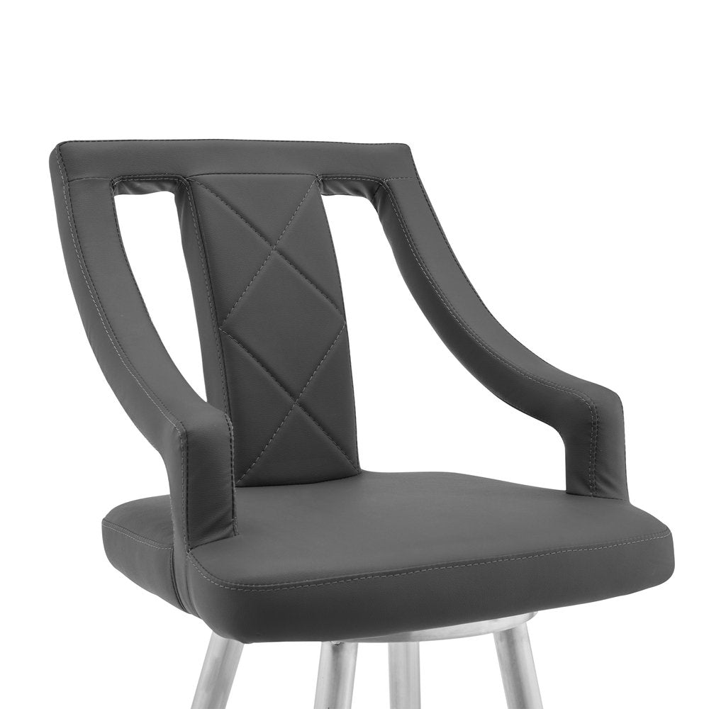 29" Gray And Silver Faux Leather And Fabric And Iron Bar Height Swivel Bar Chair