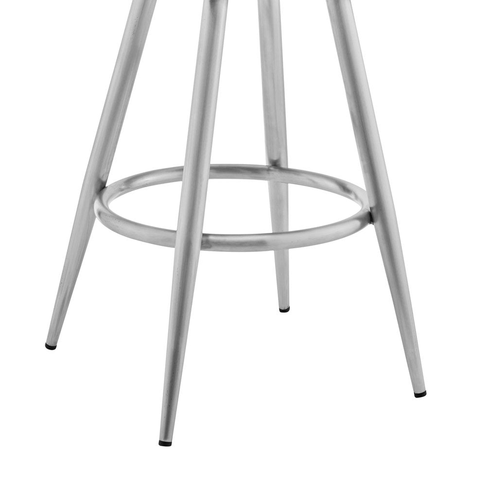29" Gray And Silver Faux Leather And Fabric And Iron Bar Height Swivel Bar Chair