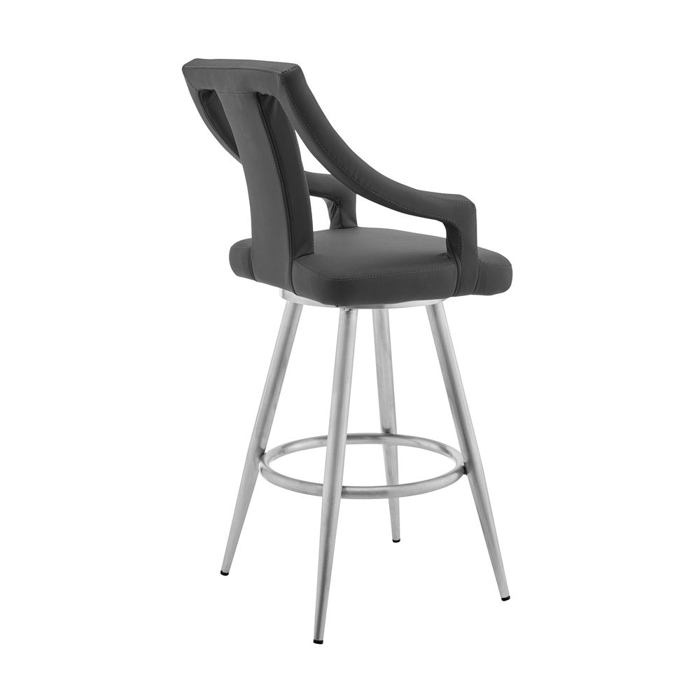 29" Gray And Silver Faux Leather And Fabric And Iron Bar Height Swivel Bar Chair