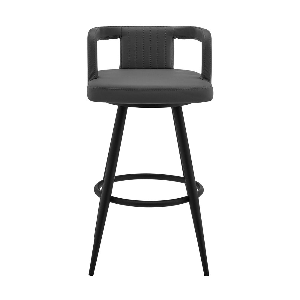 30" Gray And Black Faux Leather And Iron Swivel Low Back Bar Height Bar Chair