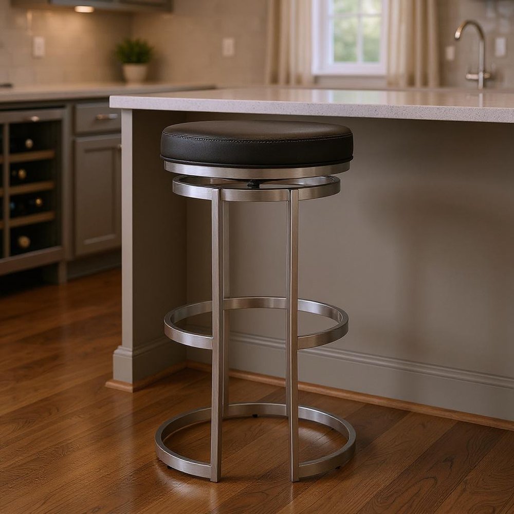 30" Gray And Silver Faux Leather And Iron Swivel Backless Bar Height Bar Chair