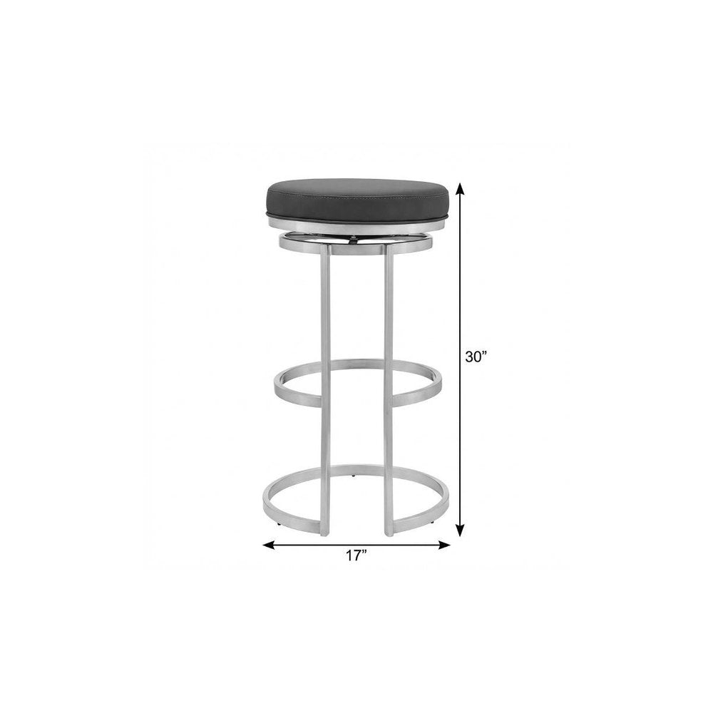 30" Gray And Silver Faux Leather And Iron Swivel Backless Bar Height Bar Chair