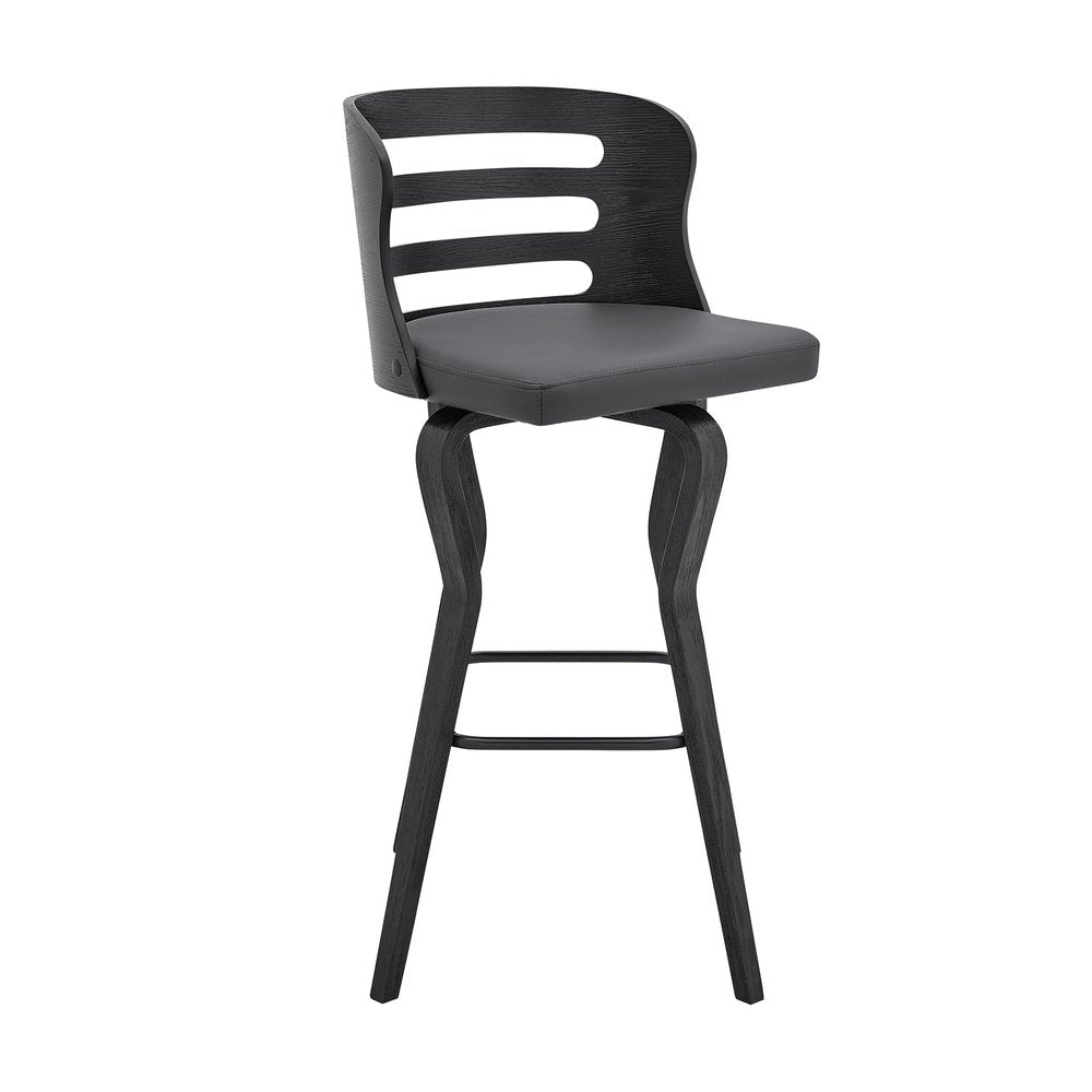 29" Gray And Black Faux Leather And Fabric And Iron Low Back Bar Height Swivel Bar Chair
