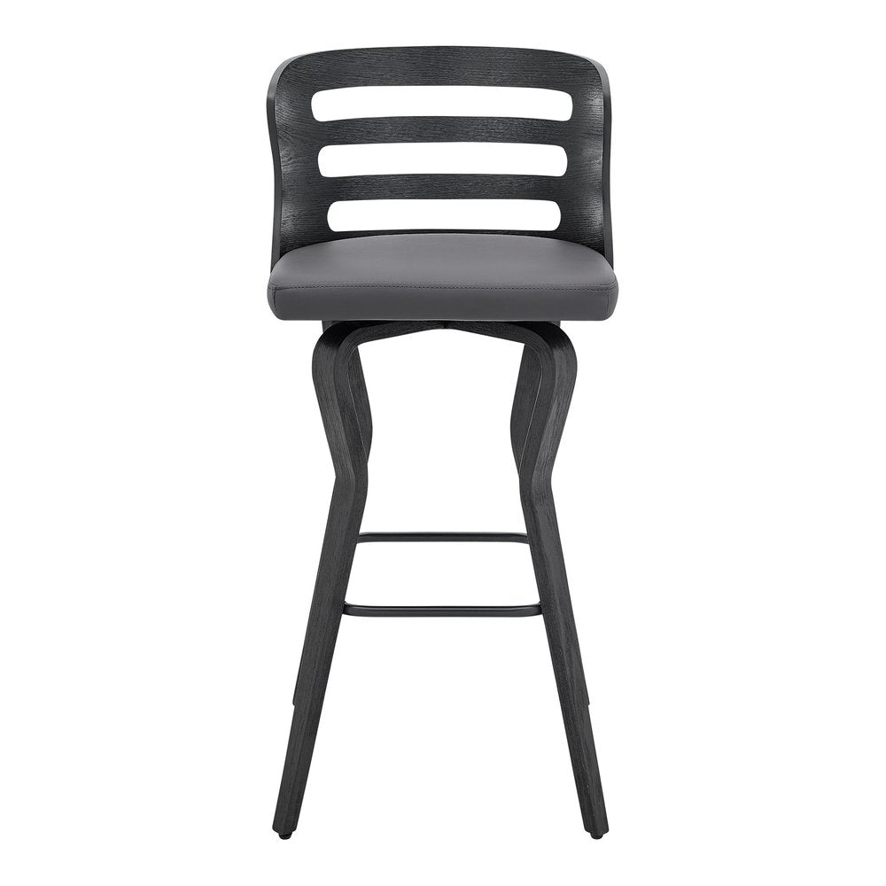 29" Gray And Black Faux Leather And Fabric And Iron Low Back Bar Height Swivel Bar Chair
