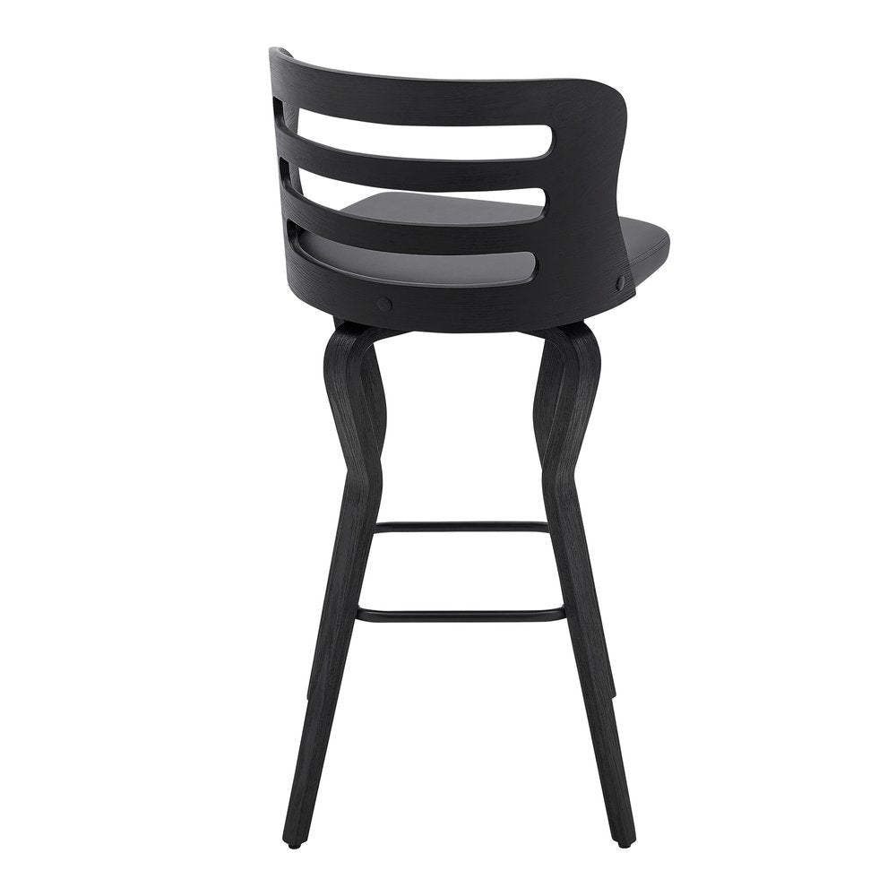 29" Gray And Black Faux Leather And Fabric And Iron Low Back Bar Height Swivel Bar Chair