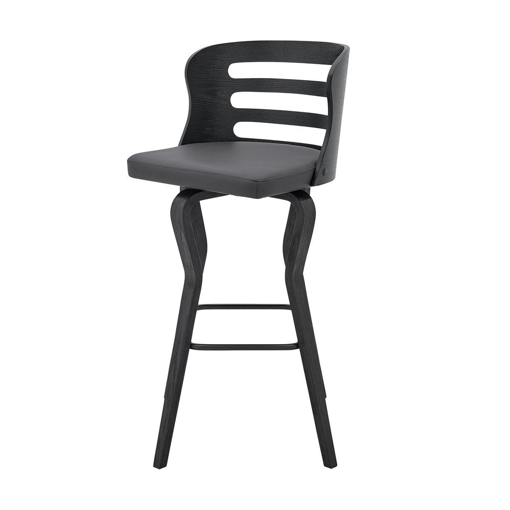 29" Gray And Black Faux Leather And Fabric And Iron Low Back Bar Height Swivel Bar Chair