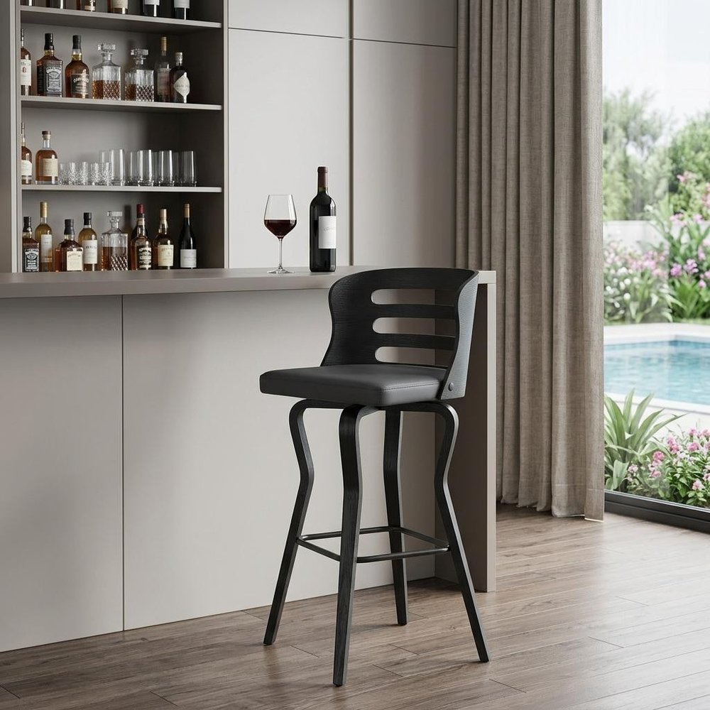 29" Gray And Black Faux Leather And Fabric And Iron Low Back Bar Height Swivel Bar Chair