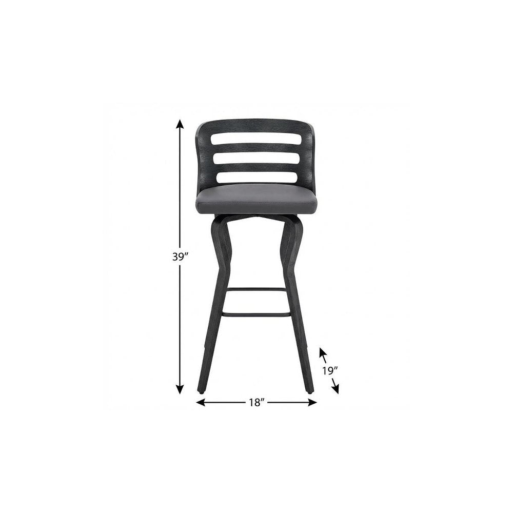 29" Gray And Black Faux Leather And Fabric And Iron Low Back Bar Height Swivel Bar Chair