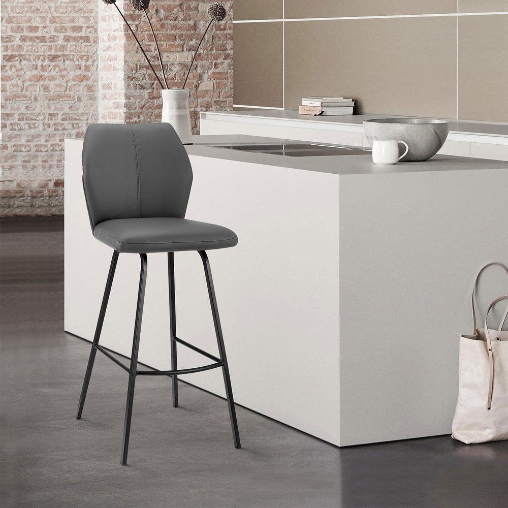 26" Gray And Black Faux Leather And Fabric And Iron Counter Height Bar Chair