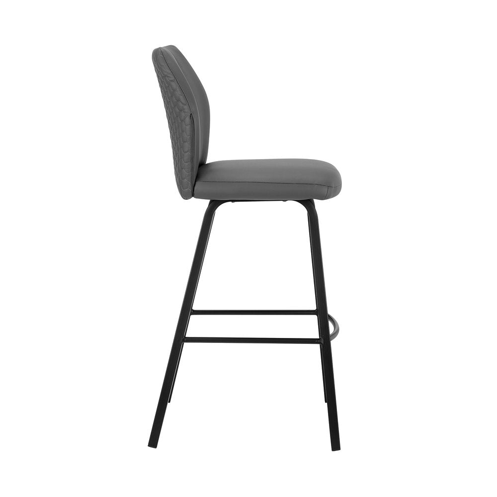 26" Gray And Black Faux Leather And Fabric And Iron Counter Height Bar Chair