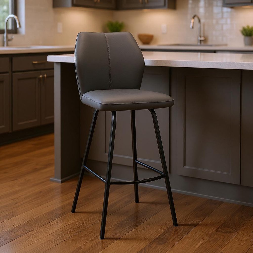 26" Gray And Black Faux Leather And Fabric And Iron Counter Height Bar Chair