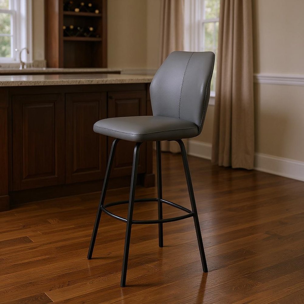 30" Gray And Black Faux Leather And Iron Bar Height Bar Chair