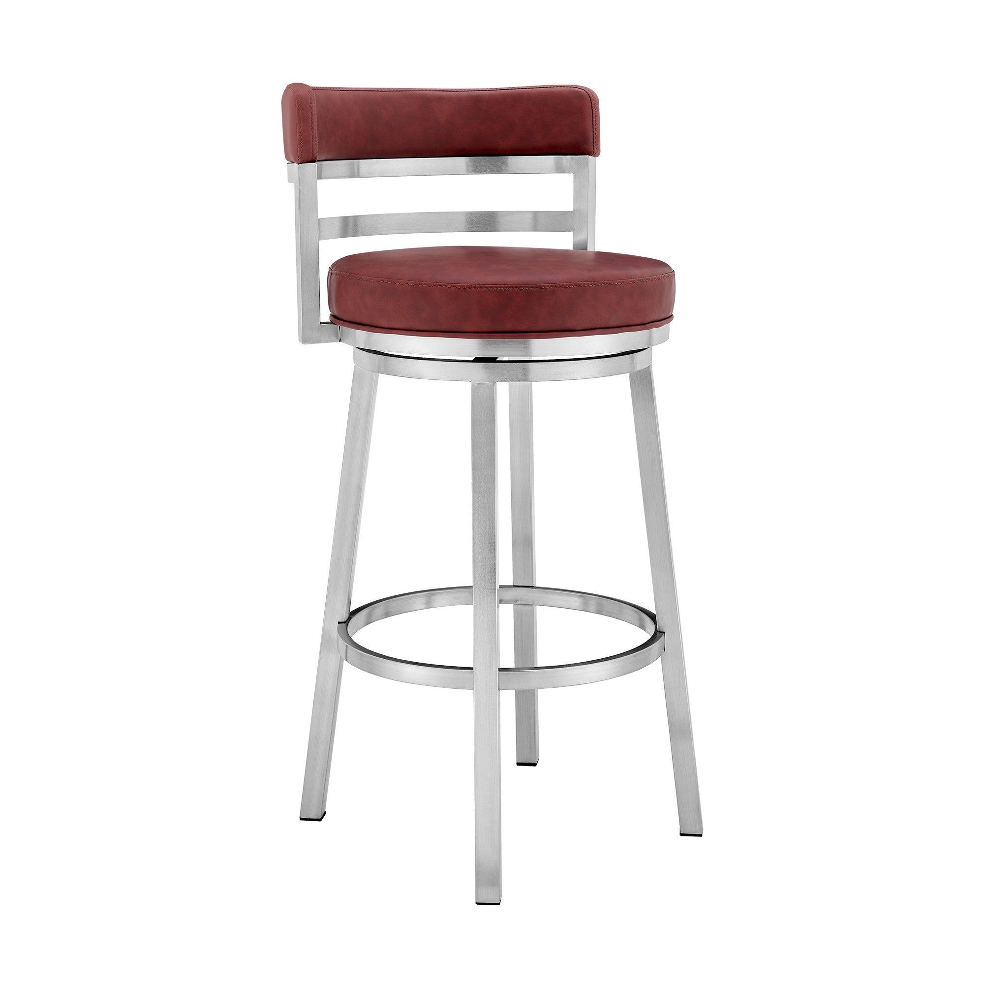 26" Red And Silver Faux Leather And Fabric And Iron Low Back Counter Height Swivel Bar Chair