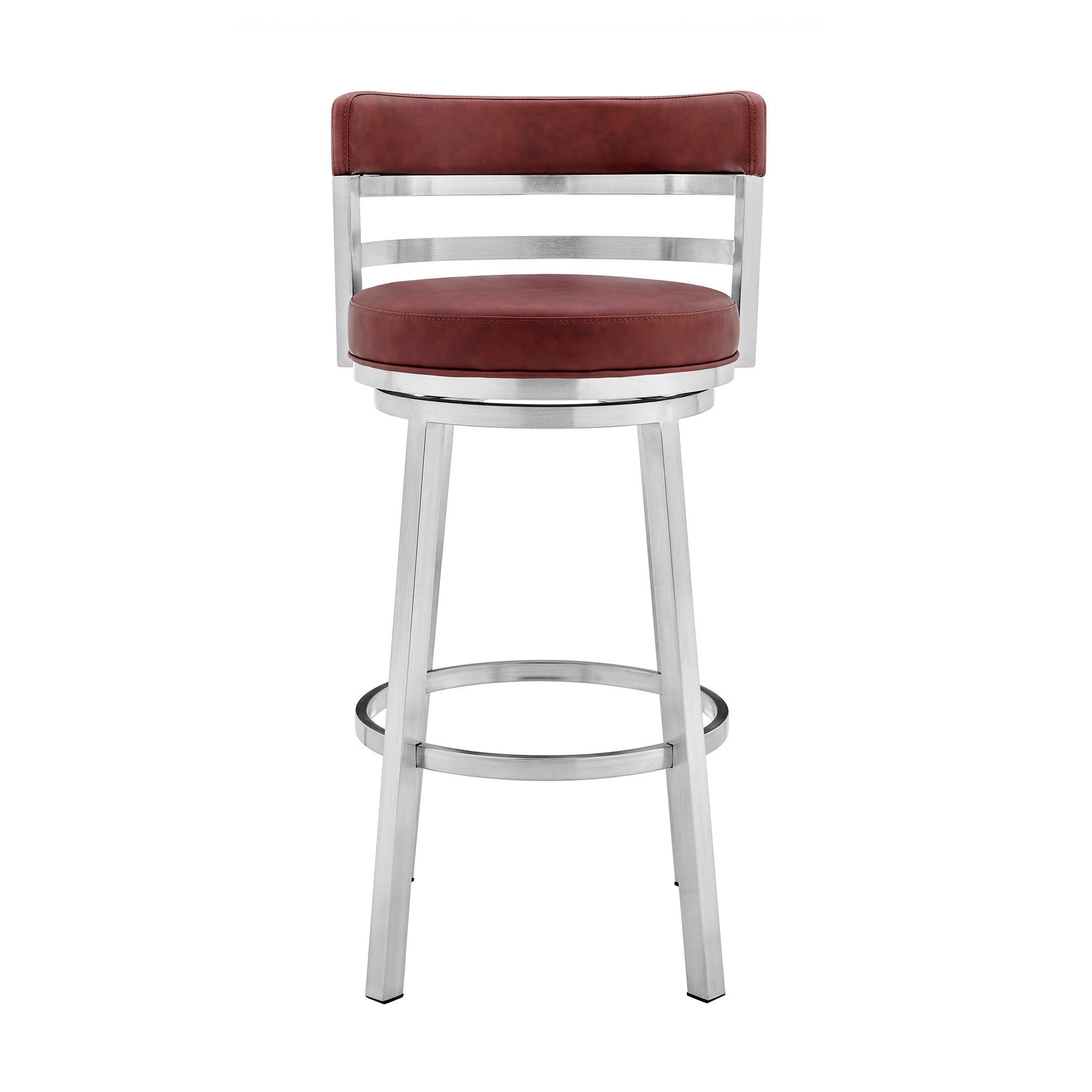 26" Red And Silver Faux Leather And Fabric And Iron Low Back Counter Height Swivel Bar Chair
