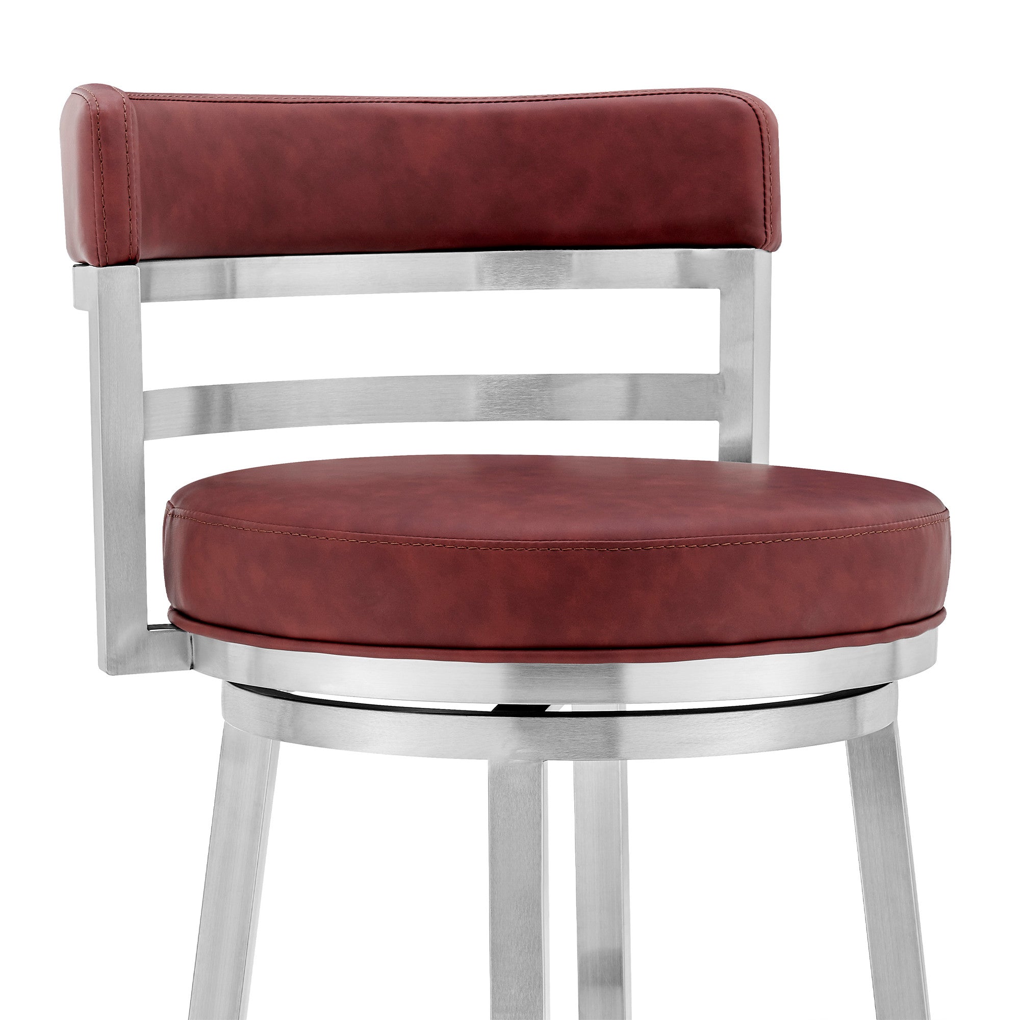 26" Red And Silver Faux Leather And Fabric And Iron Low Back Counter Height Swivel Bar Chair
