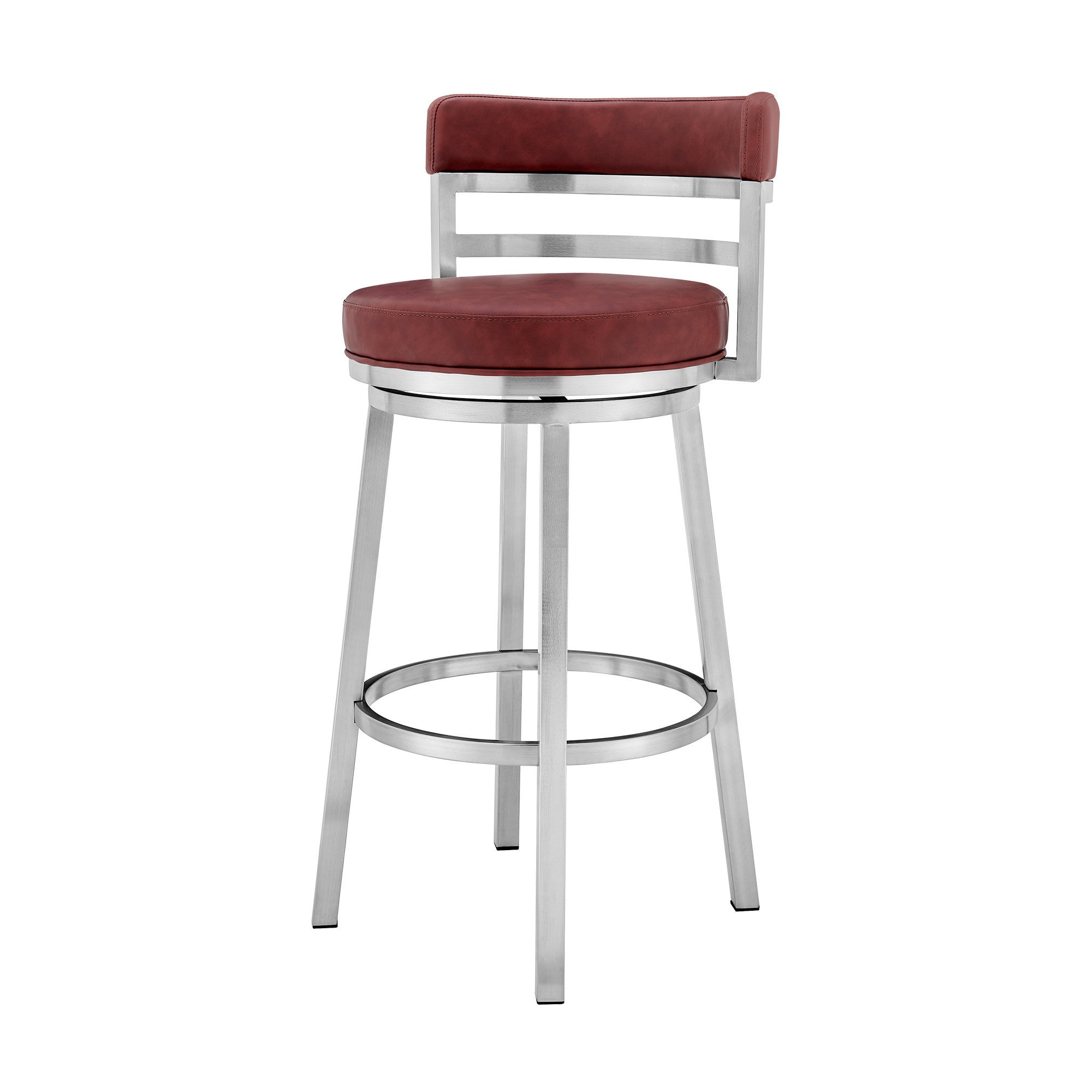 26" Red And Silver Faux Leather And Fabric And Iron Low Back Counter Height Swivel Bar Chair