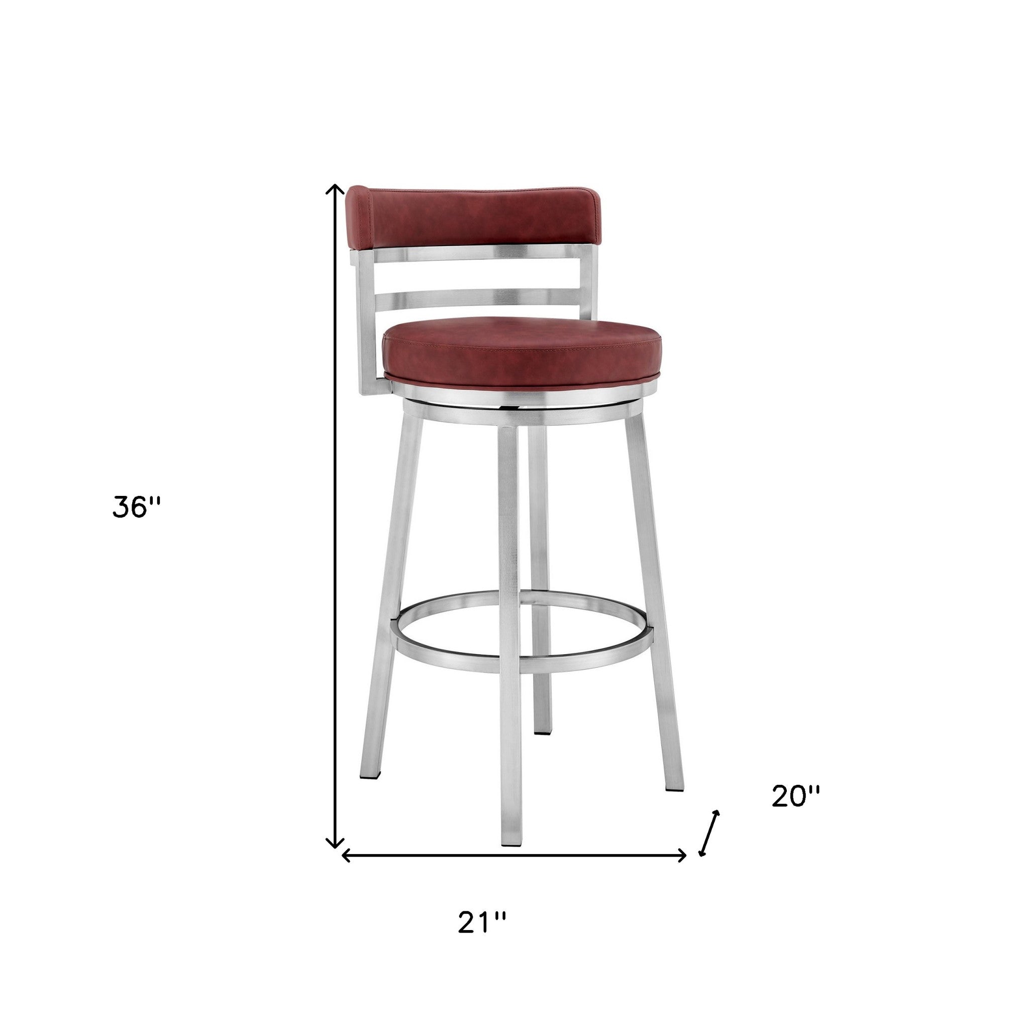 26" Red And Silver Faux Leather And Fabric And Iron Low Back Counter Height Swivel Bar Chair