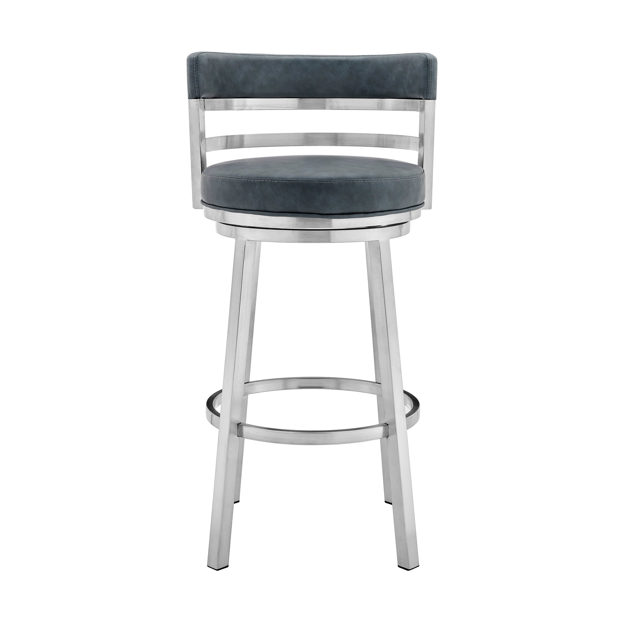26" Blue And Silver Faux Leather And Fabric And Steel Low Back Counter Height Swivel Bar Chair