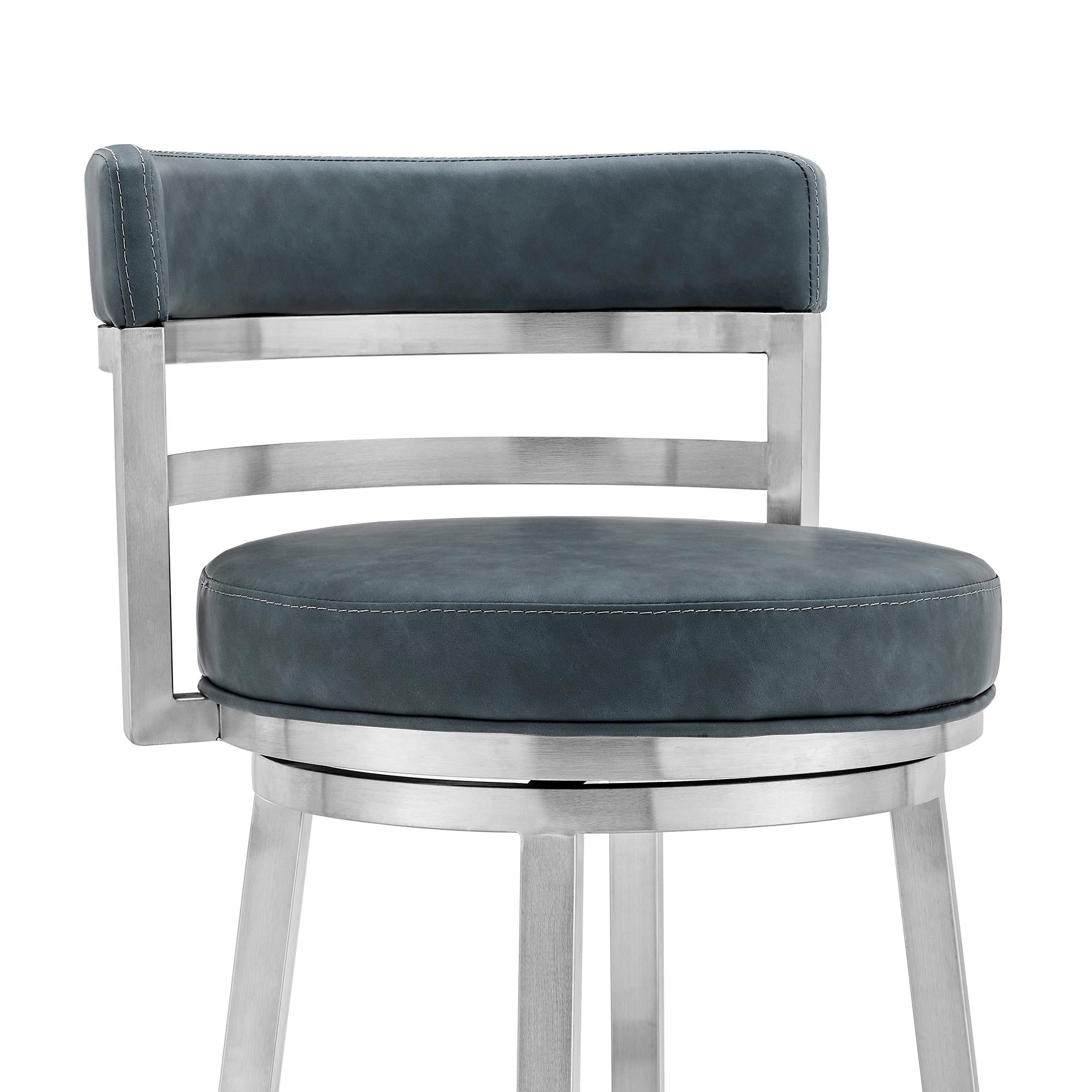 26" Blue And Silver Faux Leather And Fabric And Steel Low Back Counter Height Swivel Bar Chair
